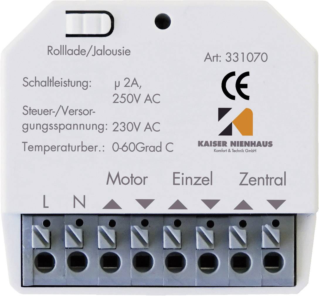 Elektrický ovládací modul pre rolety/žalúzie, vhodný pre 230V AC. Vrátane CE označenia a firemného loga.