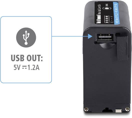 Powerbanka USB s výstupom 5V a 1,2A. Vpravo je vidieť USB port, vľavo technická špecifikácia.