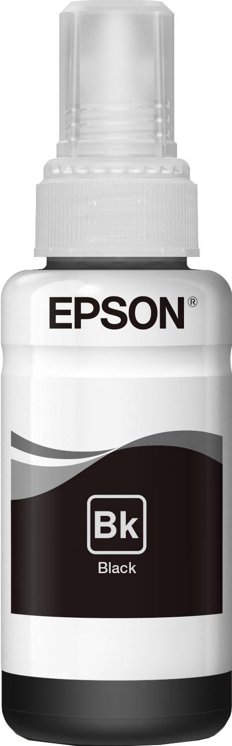 Obrázok zobrazuje čiernu atramentovú fľašu Epson s nápisom 'Bk Black'.