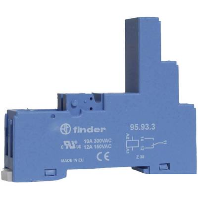 Modré relé finder s technickými údajmi: '10A 300VAC, 12A 150VAC', model '95.93.3', vyrobené v EÚ.
