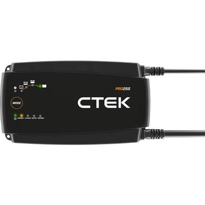 CTEK PRO25S nabíjačka batérií, čierna, s indikačnými LED diódami pre stav nabíjania a prevádzkový režim na hornej strane.