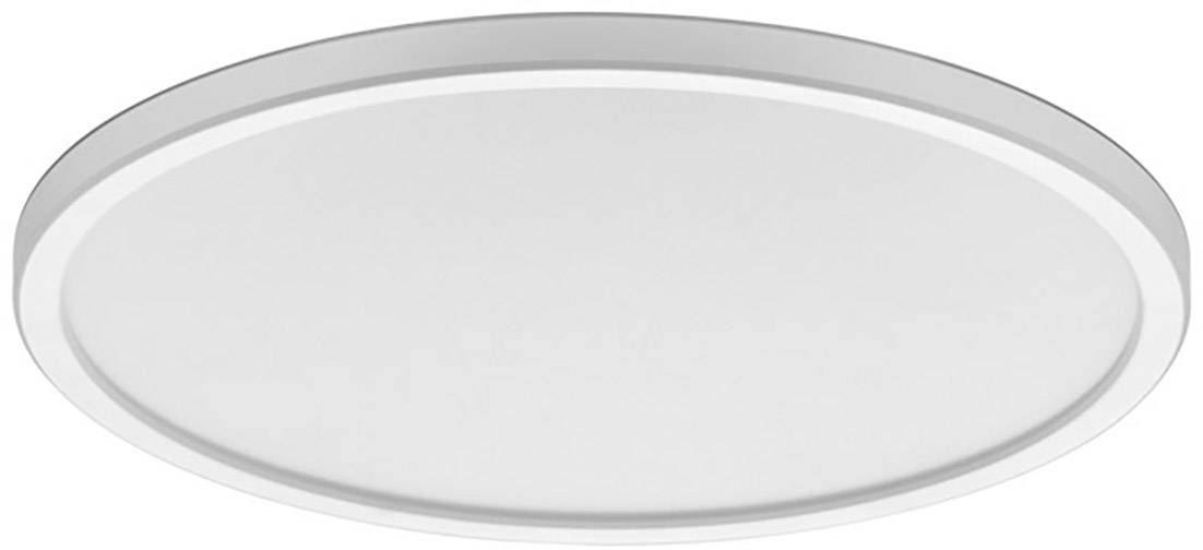 Okrúhle ploché LED stropné svietidlo s bielym rámom a rozptýleným svetelným krytom, vhodné do moderných interiérov.