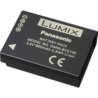 Čierny lítiovo-iónový akumulátor s nápisom 'LUMIX Panasonic', modelové číslo DMW-BCG10E, 3,6V, 895mAh, 3,3Wh. Certifikát CE.