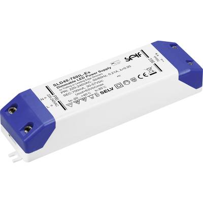 Obdĺžnikový, biely LED napájací zdroj s modrými koncovými krytmi. Model SLD40-700IL-E5 pre stmievateľné LED lampy, vstup 220-240V AC, výstup 30-56V DC.