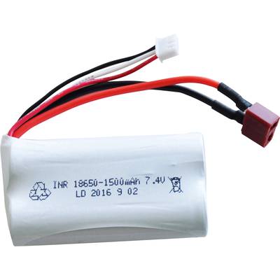 Biely lítiovo-iónový akumulátor s potlačou 'INR 18650 1500mAh 7.4V'. Dva červené a jeden čierny kábel vyčnievajú von.