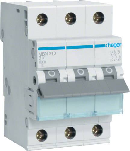 'Trojpólový istič od Hager, model MBN 310 B10, 400 V, 5000 A. Pohľad spredu na sivý istič s modrým označením.'