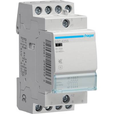 Elektrické zariadenie s nápisom 'hager ESC 425S', v bielom puzdre a viacerými skrutkovými spojmi, vhodné pre 25A, 440V.