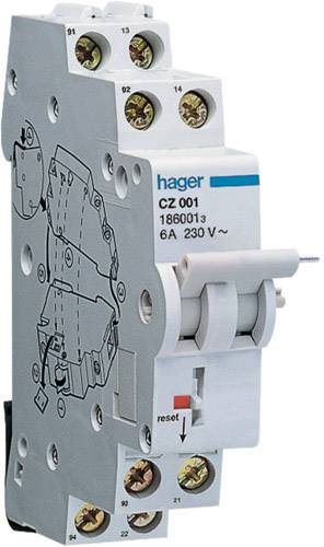 Hager spínač s modelom 'CZ 001', 6A, 230V. Má resetovacie tlačidlo a zobrazuje miesta pripojenia a technické detaily.