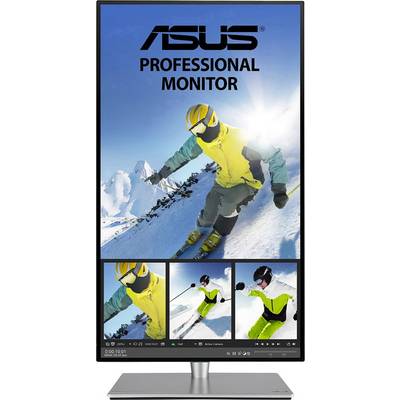 Lyžiar v žltej bunde a prilbe na zasneženom zjazdovom svahu, zobrazený na monitore ASUS Professional.