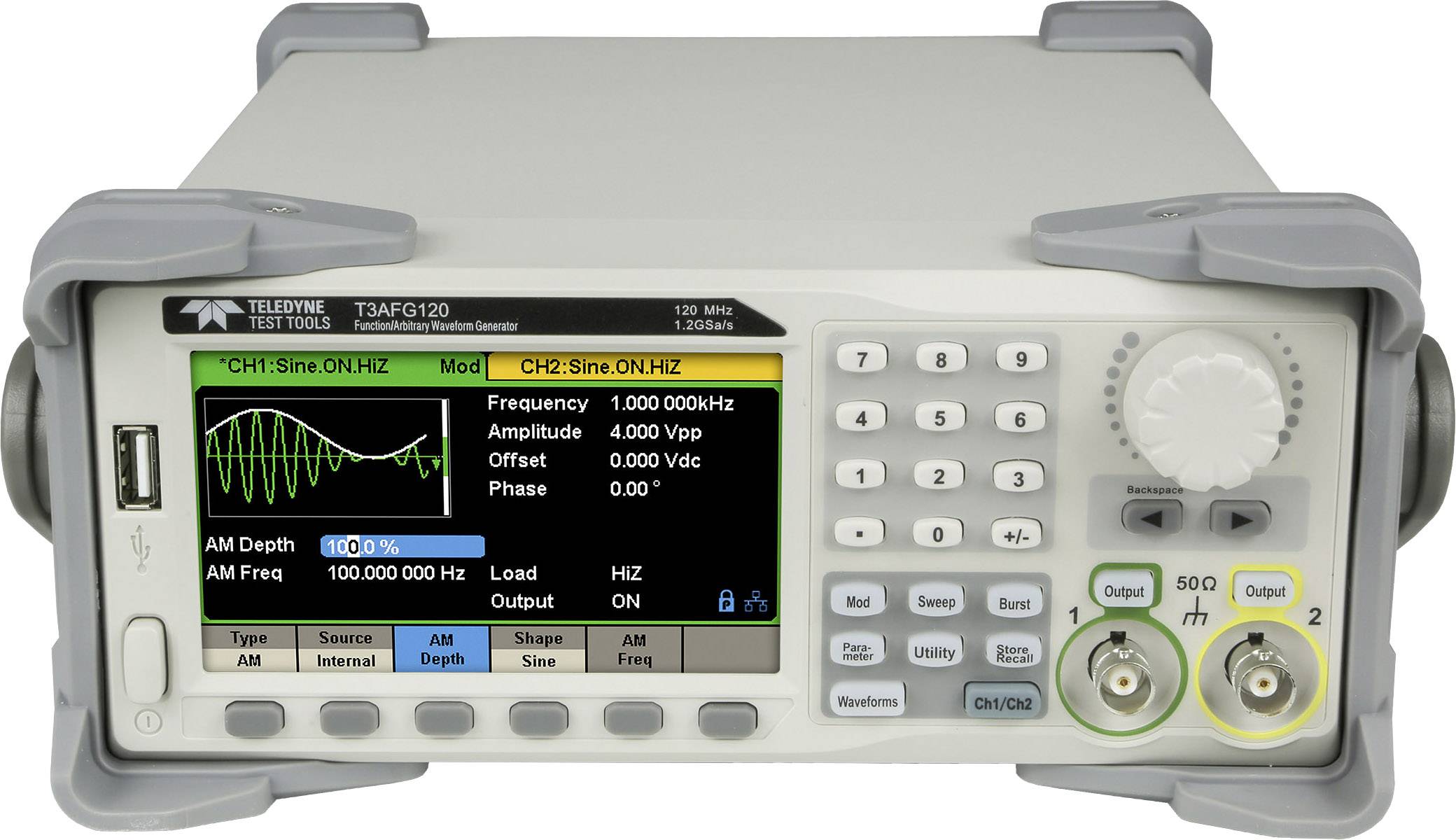 Generátor funkcií s digitálnym displejom zobrazuje údaje o vlnovom priebehu, frekvencia 100 kHz, amplitúda 4 Vpp a ofset 0 Vdc, CH1 a CH2 aktívne.