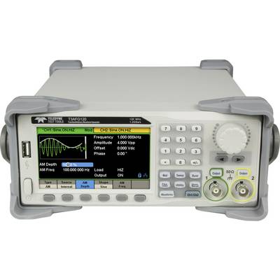 Generátor funkcií s digitálnym displejom zobrazuje údaje o vlnovom priebehu, frekvencia 100 kHz, amplitúda 4 Vpp a ofset 0 Vdc, CH1 a CH2 aktívne.