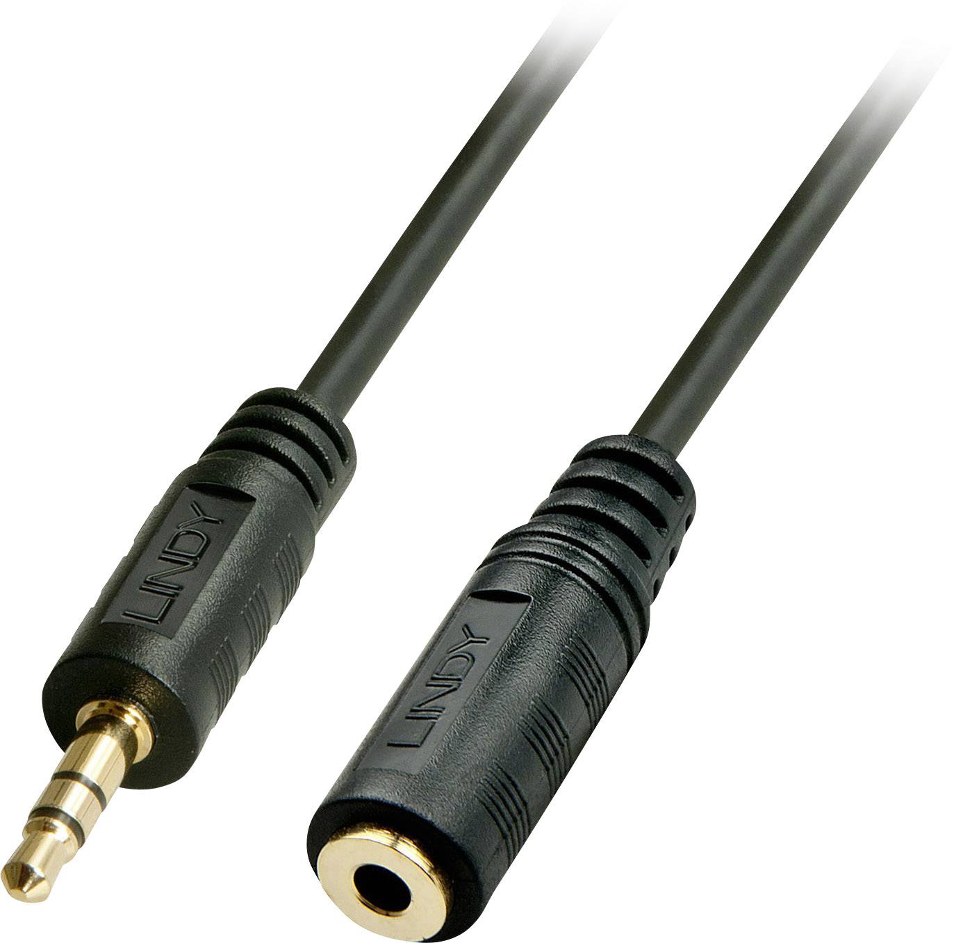 Čierny audio kábel s 3,5 mm konektorom vľavo a zásuvkou vpravo. Vhodný pre slúchadlá alebo reproduktory.