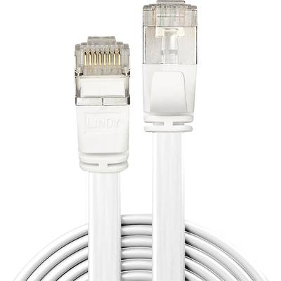 Dva biele ethernetové káble so zelenými RJ45 konektormi na koncoch, vyrobené spoločnosťou Lindy, na bielom pozadí.