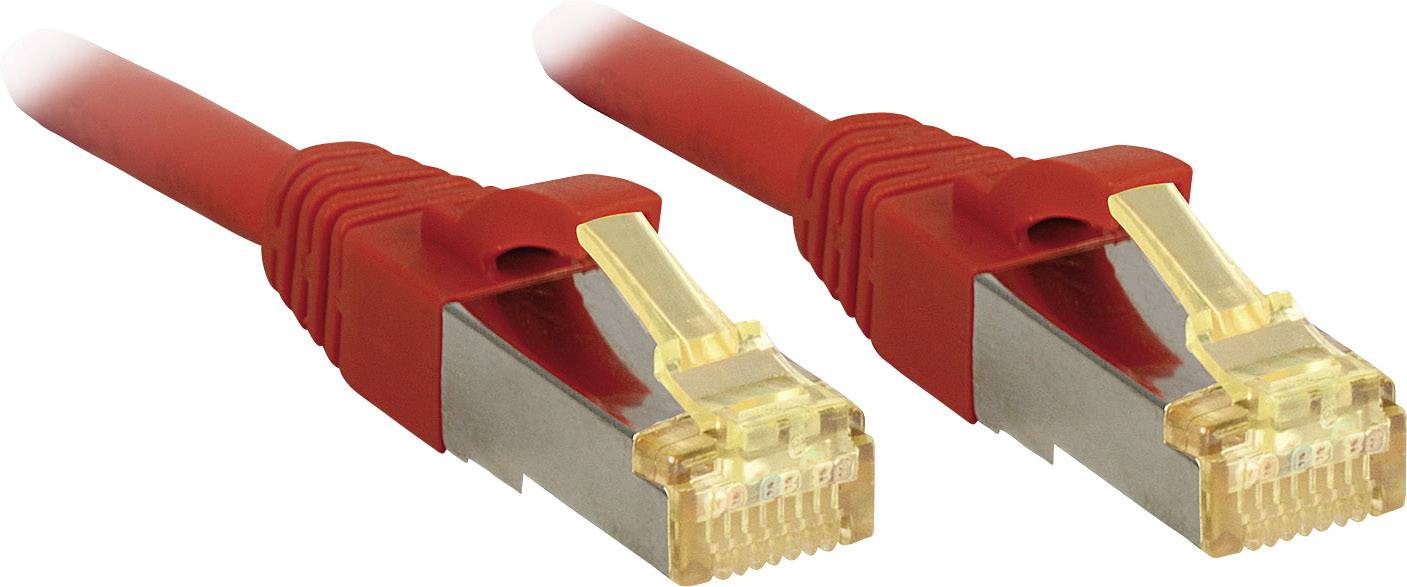 Dva červené ethernetové káble so zlatými konektormi, ktoré sa používajú na sieťové pripojenia.