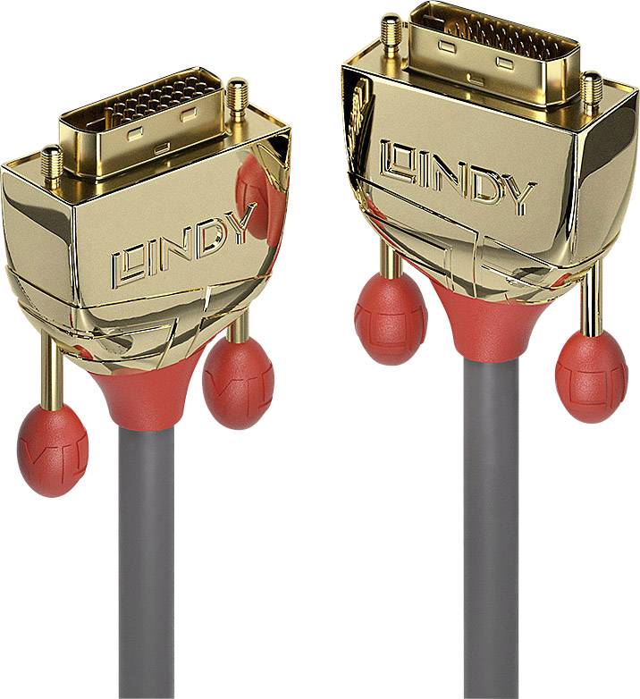 Dva zlaté DVI konektory s červeným a sivým káblom, ktoré slúžia ako prepojovací kábel pre monitory. Značka 'Lindy' je viditeľná.