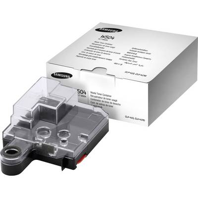 Čierna krabica s nápisom 'W504 Samsung Waste Toner Container' leží vedľa priehľadnej tonerové nádoby.