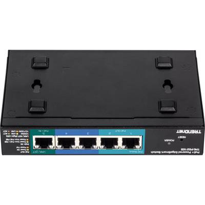 Sieťový prepínač s piatimi ethernetovými portami, namontovaný na konzole na stenu, vhodný na prepojenie viacerých sieťových zariadení.