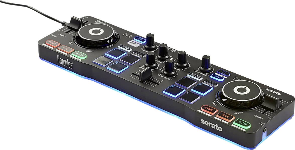 Hercules DJ Control Starlight: Kompaktný DJ kontrolér s podsvietenými padmi, regulátormi a jogwheelmi, kompatibilný so softvérom Serato DJ.