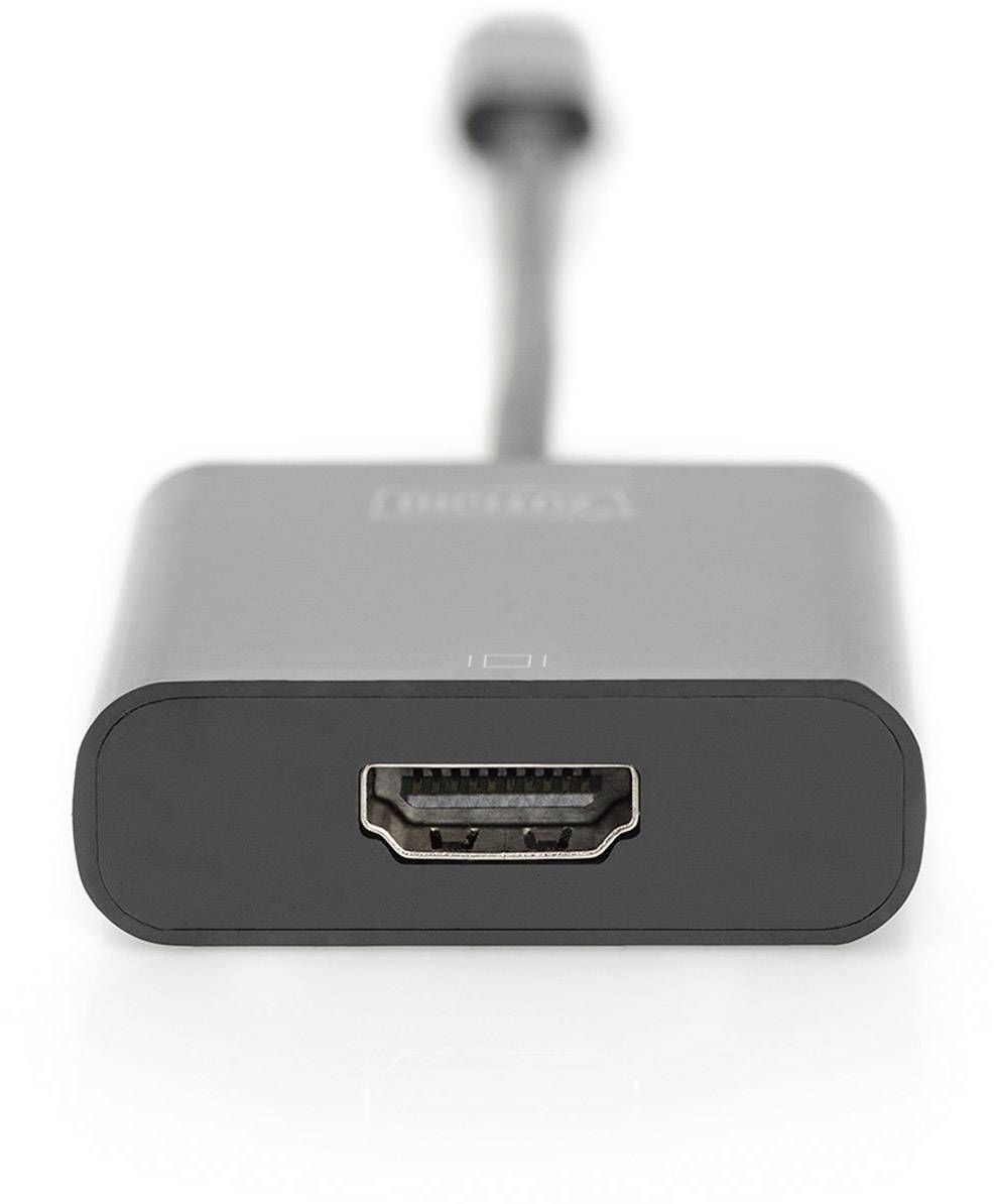 Čierny HDMI adaptér s HDMI zásuvkou a krátkym káblom, ktorý končí v inom konektore, na bielom pozadí.