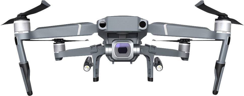 Sivý dron s kamerou, s rozloženými ramenami a rotormi, zobrazený spredu.