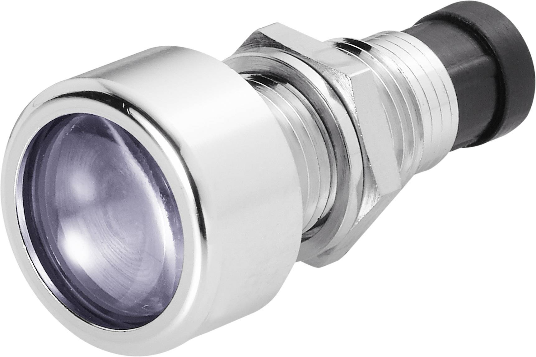 Chrómovaná LED signalizačná lampa valcovitého tvaru s šošovkou, vhodná pre indikáciu zariadení alebo signalizačné účely v technických aplikáciách.