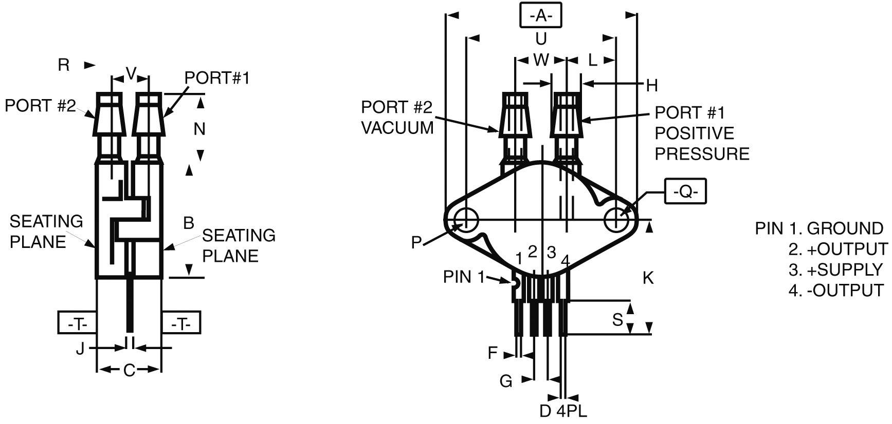 Diagram znázorňuje tlakový senzor s dvoma portami pre vákuum a pozitívny tlak, so štítkami pre prípojky a rozmermi pre inštalačné účely.
