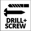 Dva symboly: Vŕtačka hore a skrutka dole. Pod nimi text 'DRILL + SCREW'.