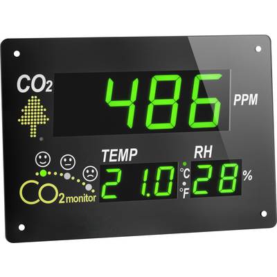 CO2 monitor zobrazuje '486 PPM' CO2, '21,0°C' teplotu a '28%' vlhkosť vzduchu. Symbol stromu reprezentuje hodnotu CO2.