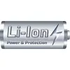 Grafika zobrazuje striebornú batériu s nápisom 'Li-Ion Power & Protection' a symbolom blesku.