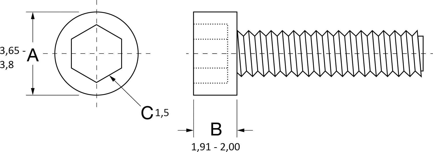 'Technický výkres skrutky so závitom. A zobrazuje priemer hlavy (3,65-3,8 mm), B dĺžku (1,91-2 mm), C drážku (1,5 mm).'