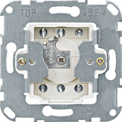Kovový vstavaný prvok spínača štvorcového tvaru s nápisom 'TOP HORE' zobrazuje vnútornú štruktúru elektrickej inštalácie.