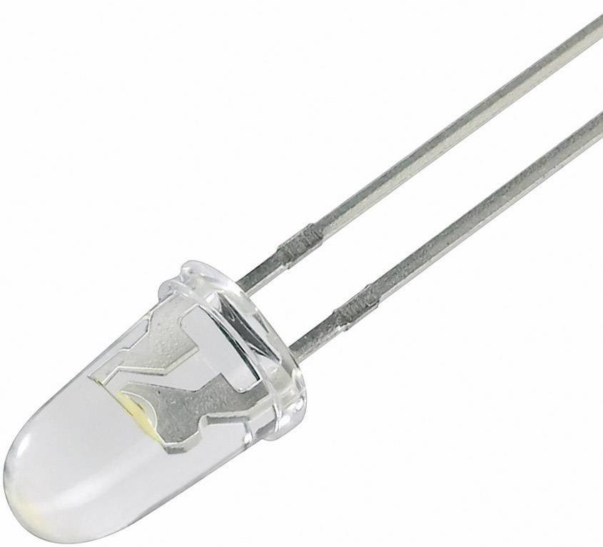 Priehľadná LED s dvomi kovovými nožičkami, pripravená na inštaláciu do elektronických obvodov.