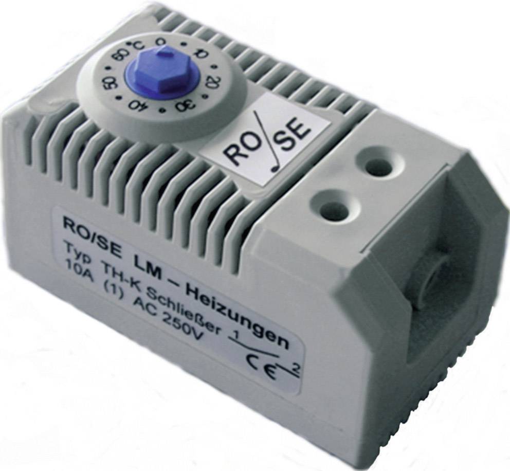 Termostat s otočným gombíkom, stupnica od 0 do 60 stupňov. Nápis 'RO/SE LM-kúrenie, typ TH-K spínač, 10A AC250V'.