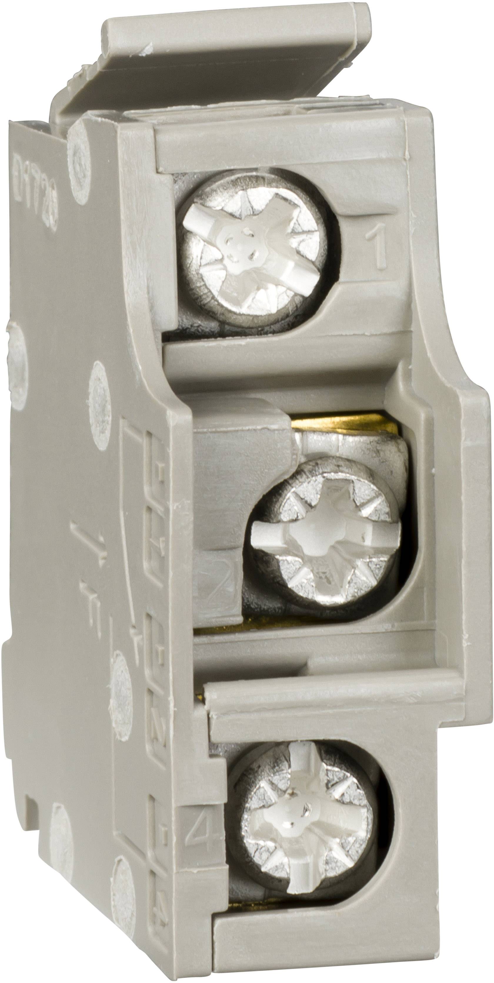 Sivý svorkovnicový blok s dvomi striebornými skrutkami so skrutkovacím krížovým zárezom určený pre elektrické prepojenie.