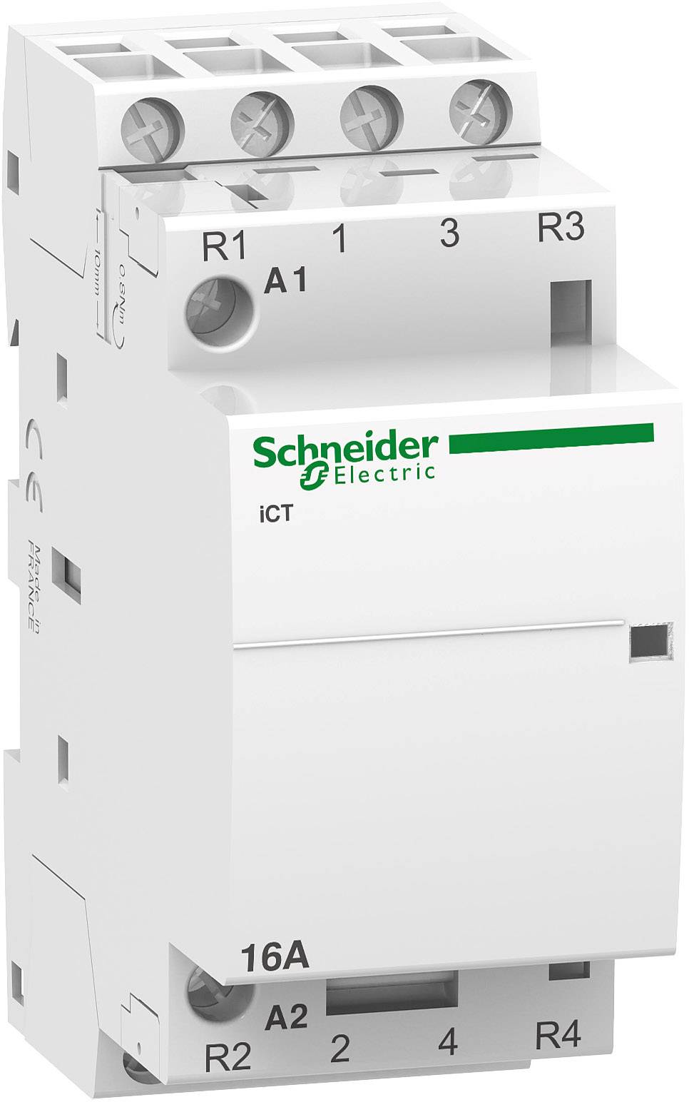 Biele elektrické spínacie zariadenie od Schneider Electric, model iCT, s viacerými slotmi a označeniami pre elektrické pripojenia.