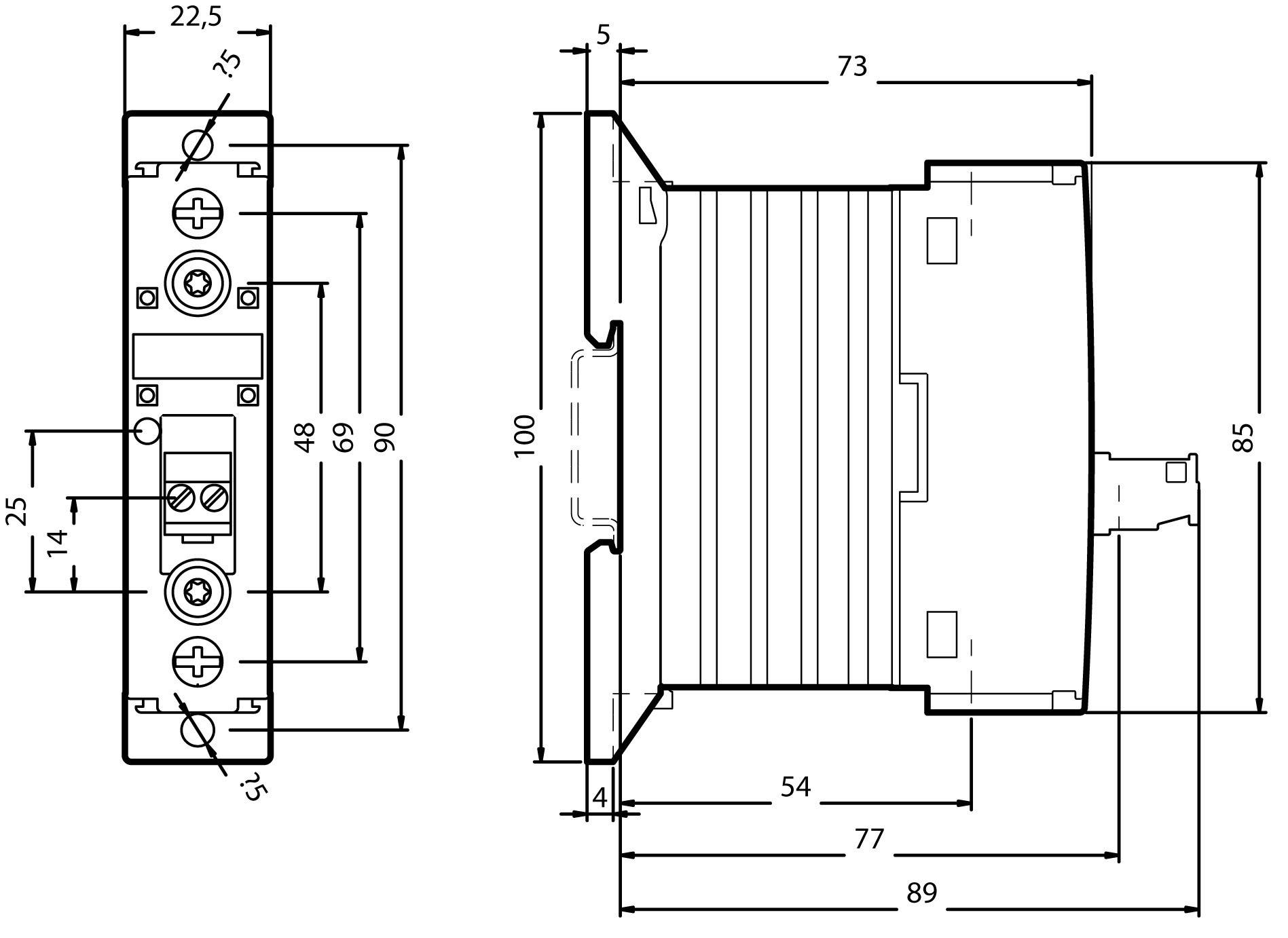 Technický výkres elektrického spínača s rozmermi: výška 100 mm, šírka 73 mm, hĺbka 89 mm. Pohľad spredu zobrazuje prípojné body.
