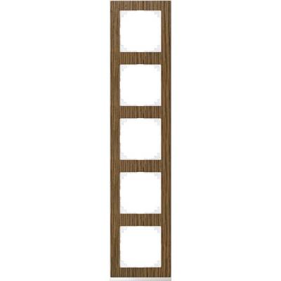 Vertikálny, obdĺžnikový hnedý drevený panel s piatimi štvorcovými výrezmi, rovnomerne rozmiestnenými.