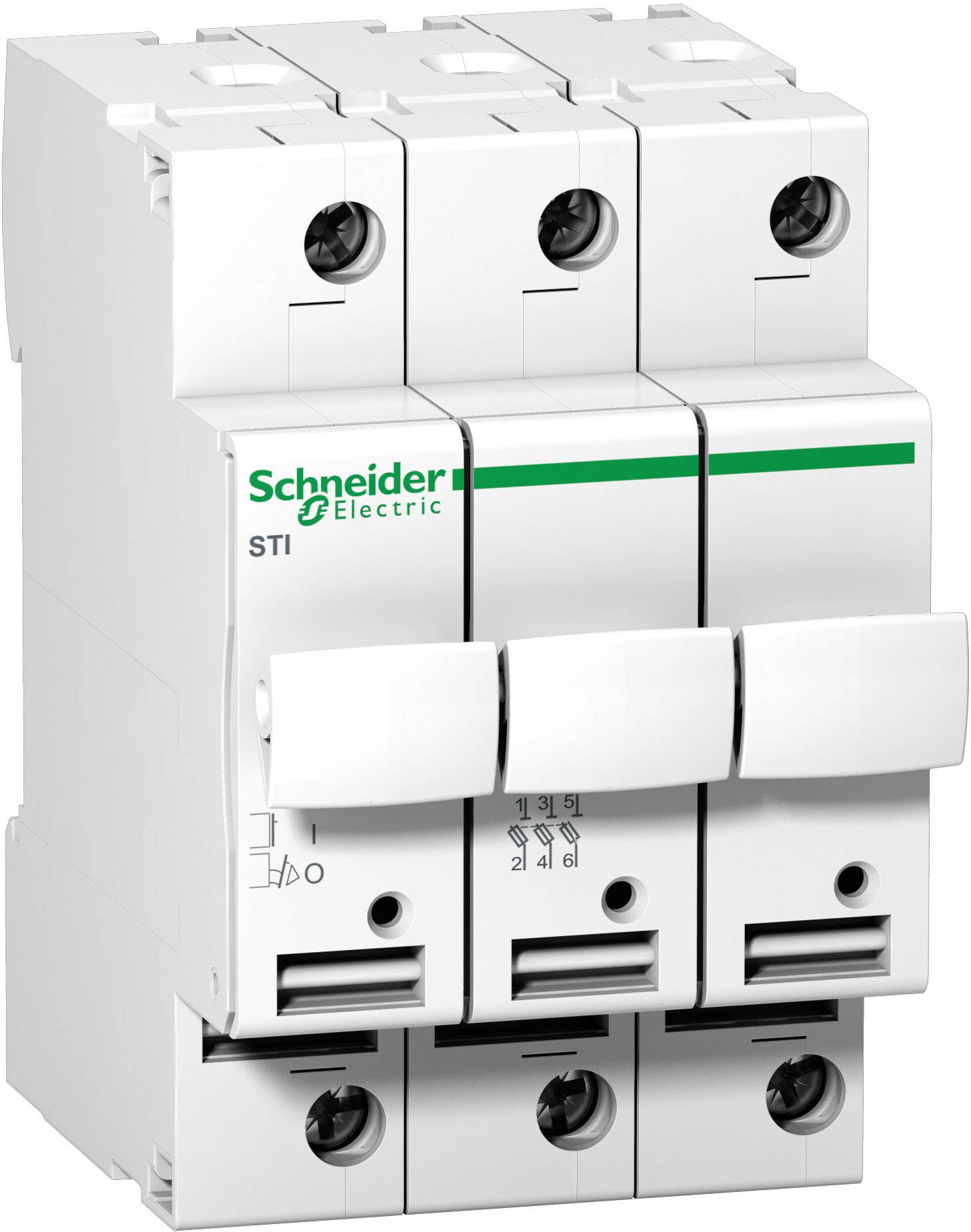 Biely trojpólový elektrický istič značky Schneider Electric, model STI. Je určený pre elektrické inštalácie.