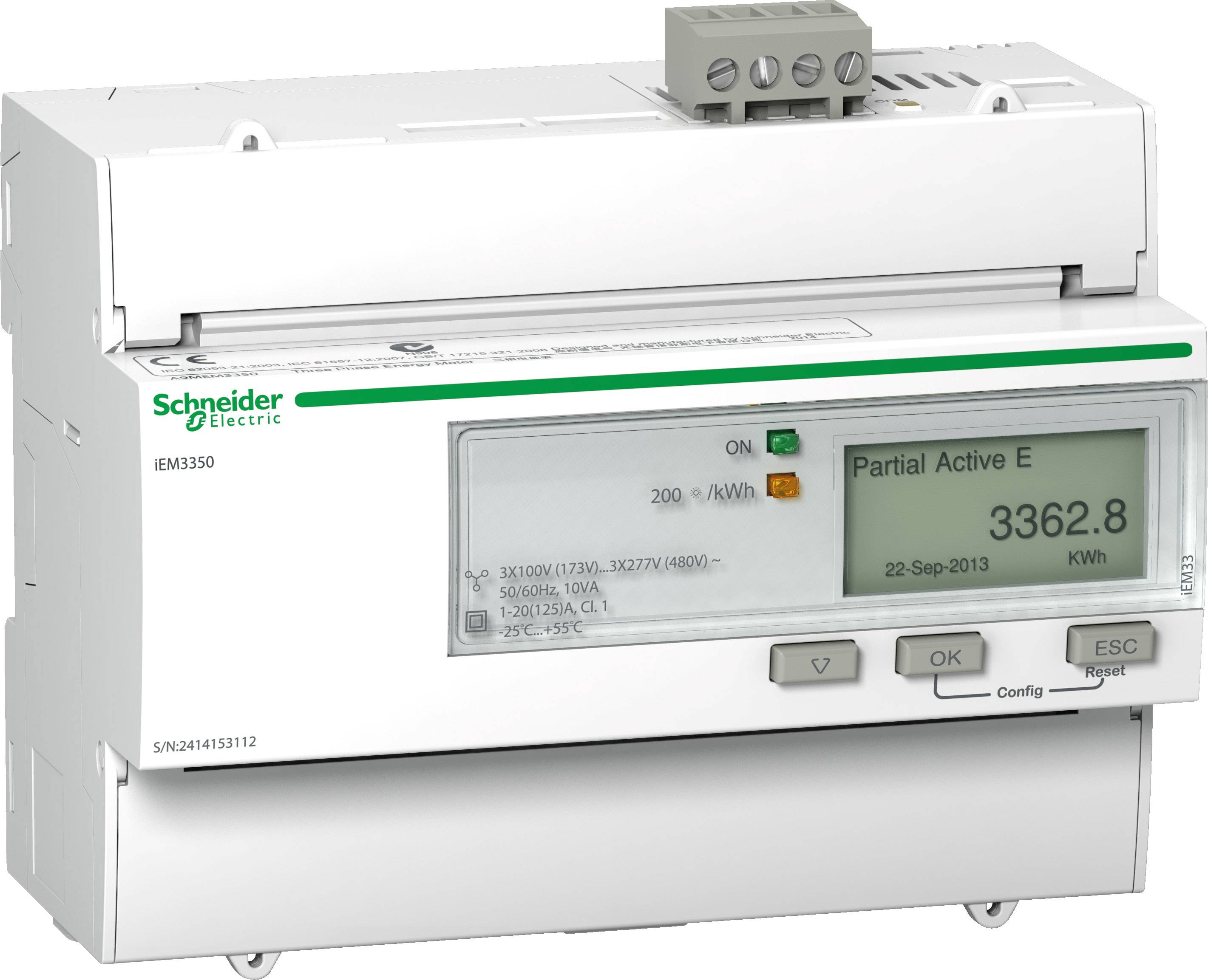 Elektromer s digitálnym displejom zobrazuje 'Partial Active E 3362,8 kWh'. Logo výrobcu v ľavom hornom rohu.
