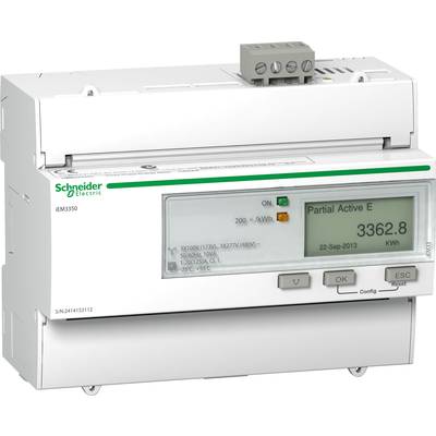 Elektromer s digitálnym displejom zobrazuje 'Partial Active E 3362,8 kWh'. Logo výrobcu v ľavom hornom rohu.