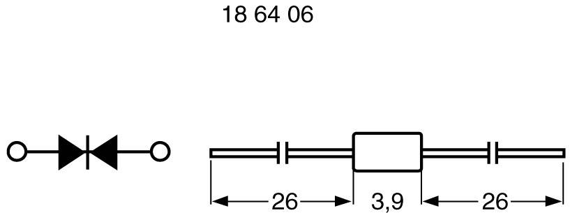 Elektronický symbol a výkres diódy. Rozmery: 26 mm, 3,9 mm, 26 mm, zľava doprava. Dióda je znázornená úsečkou so šípkou.