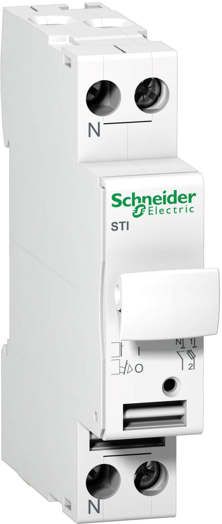 Biely prúdový chránič značky Schneider Electric s dvoma svorkami hore a dole a prepínačom vpredu.