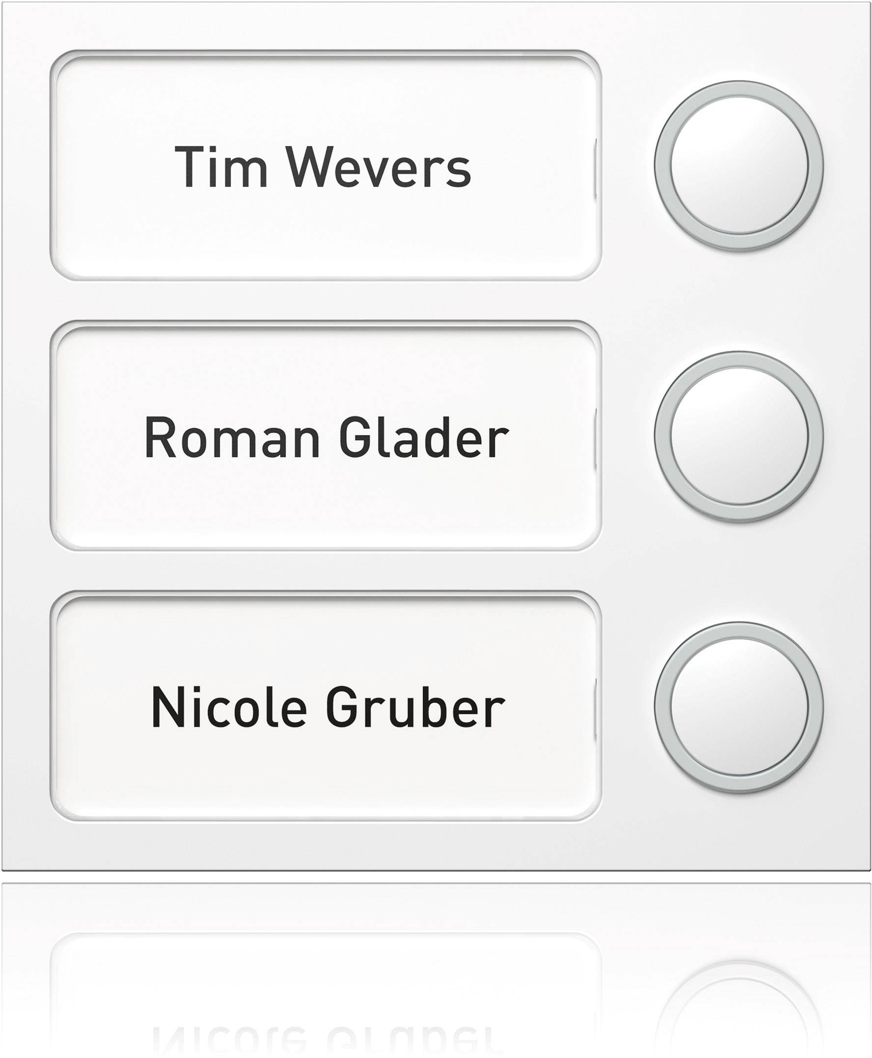 Tri zvončeky s menami: 'Tim Wevers', 'Roman Glader' a 'Nicole Gruber', každý s tlačidlom vedľa neho.