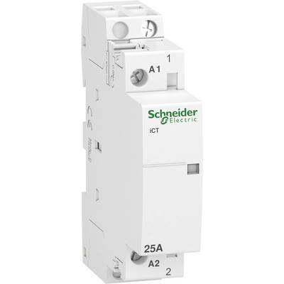 Schneider Electric iCT stýkač s 25 ampérmi, biely, znázorňujúci svorky A1 a A2. Elektrický komponent na ovládanie elektrických obvodov.