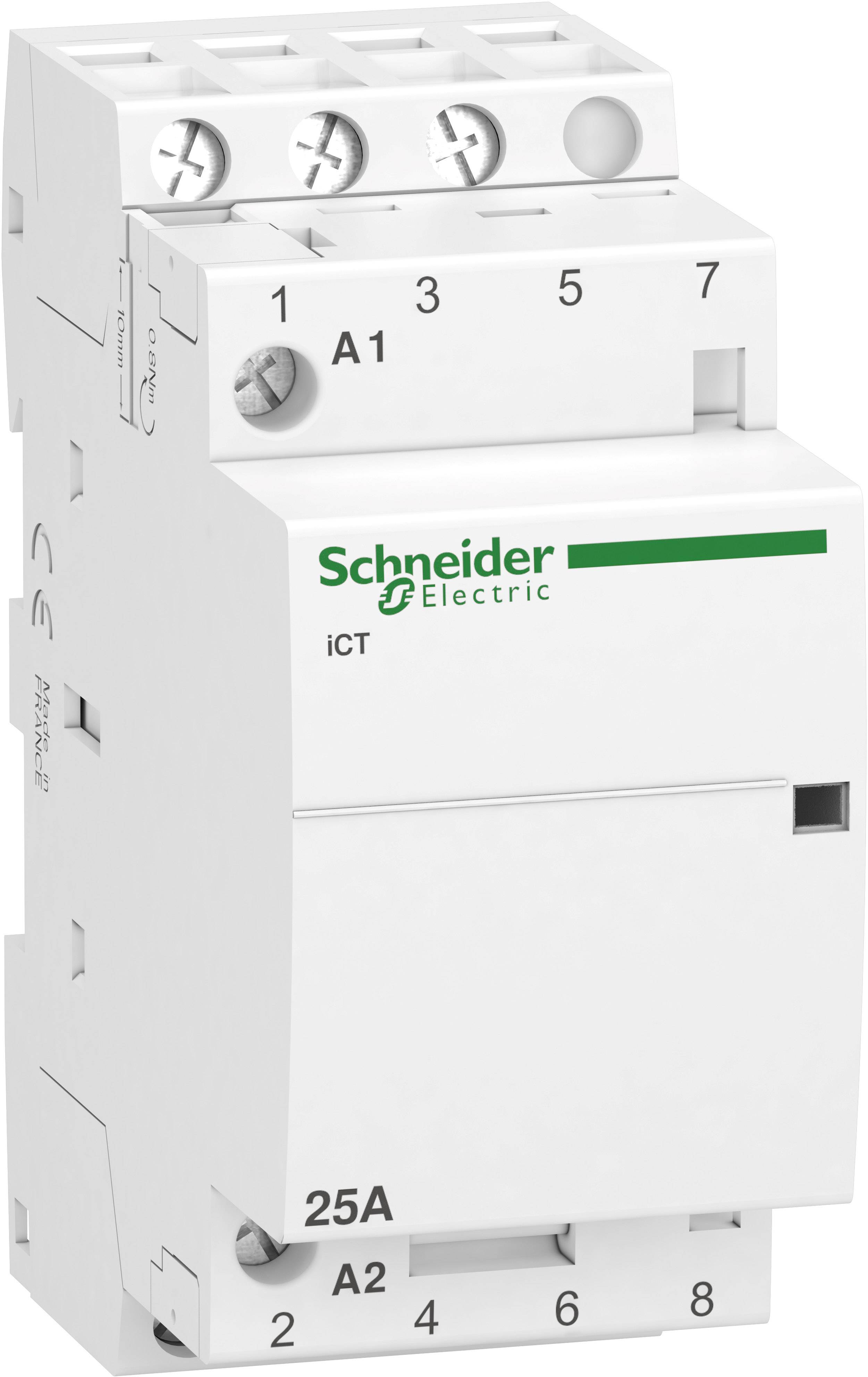 Biely elektrický stykač od Schneider Electric, model iCT, s menovitým prúdom 25A, zobrazený z bočnej strany.