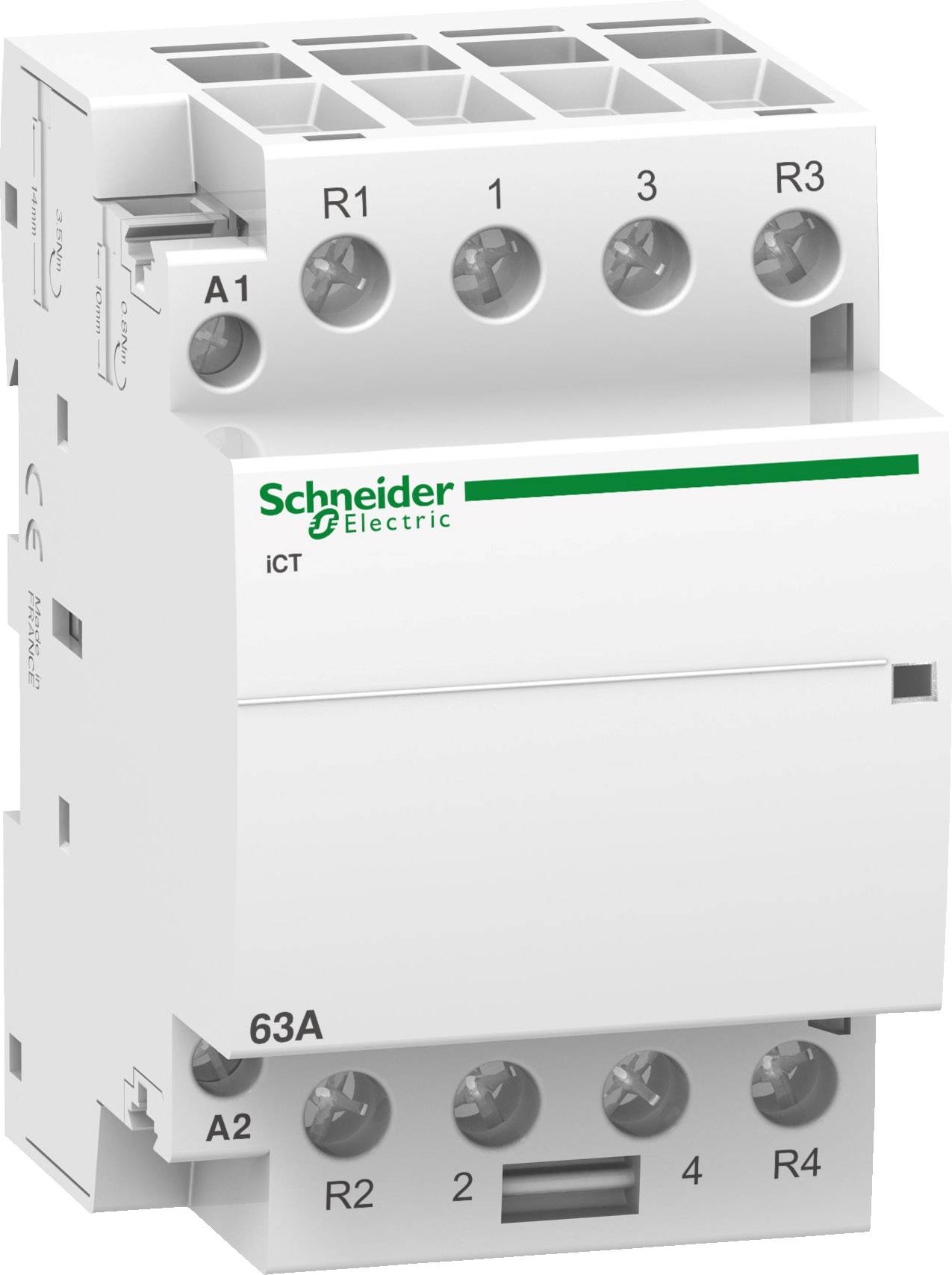 Biely modulárny výkonový istič od Schneider Electric, typ iCT, s menovitým prúdom 63 ampérov a viacerými pripojovacími svorkami zhora aj zdola.