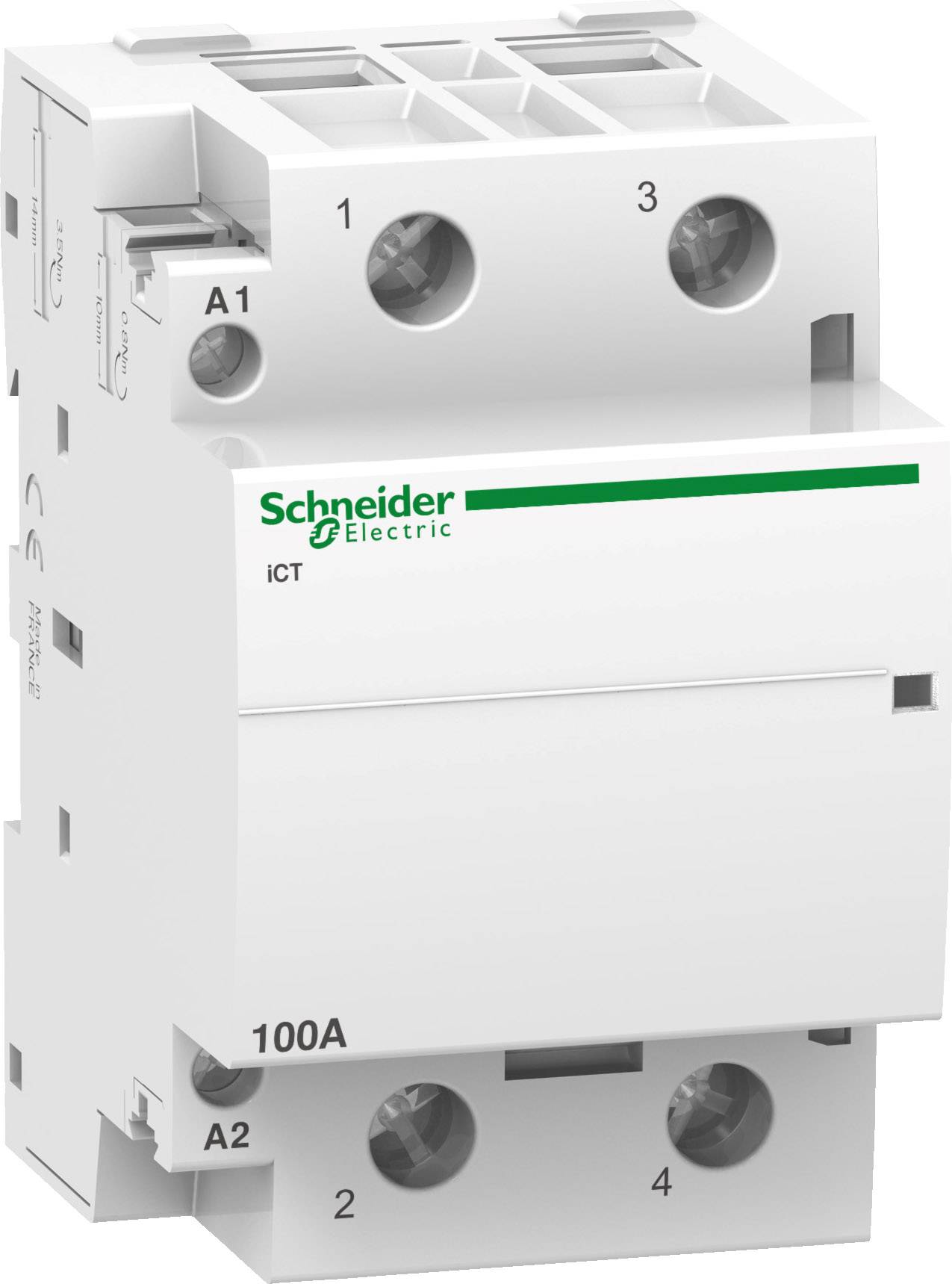 Biely stykač Schneider Electric iCT, vhodný na ovládanie elektrických záťaží. Viditeľné sú detaily modelu a jeho pripojenia.