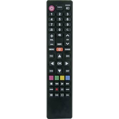 Čierne diaľkové ovládanie s rôznymi tlačidlami vrátane čísiel, ovládača hlasitosti a farebných funkčných tlačidiel pre ovládanie televízora.