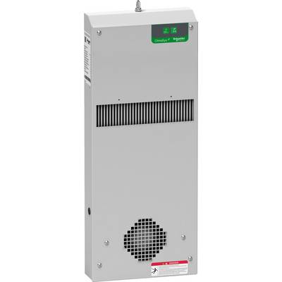 Sivé klimatizačné zariadenie od Schneider Electric, model ClimaSys, s vetracími mriežkami a ovládacím panelom na vrchu.