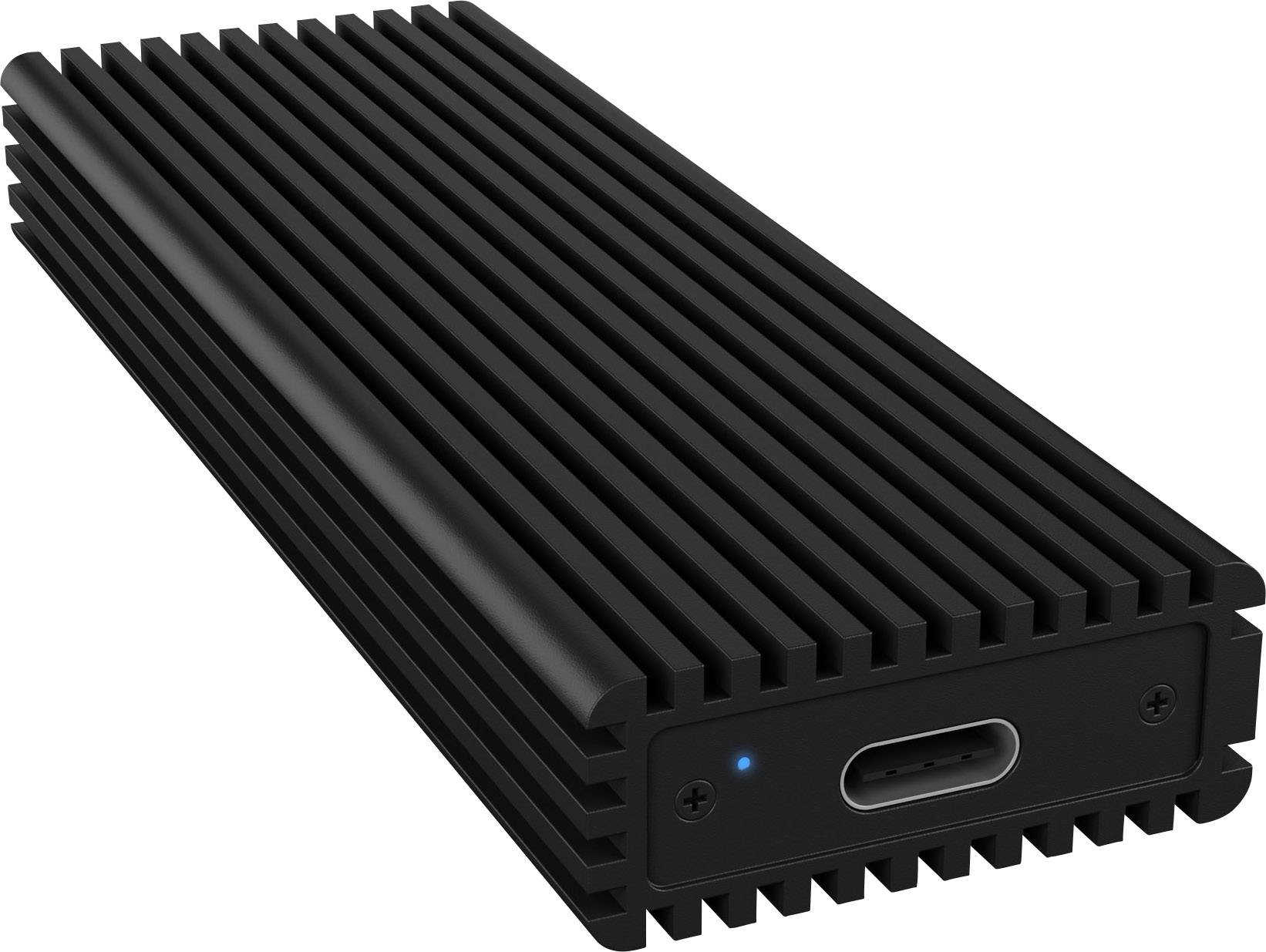 Externý SSD disk s čiernym chladičom, USB-C portom a malou modrou LED indikáciou na prednej strane.
